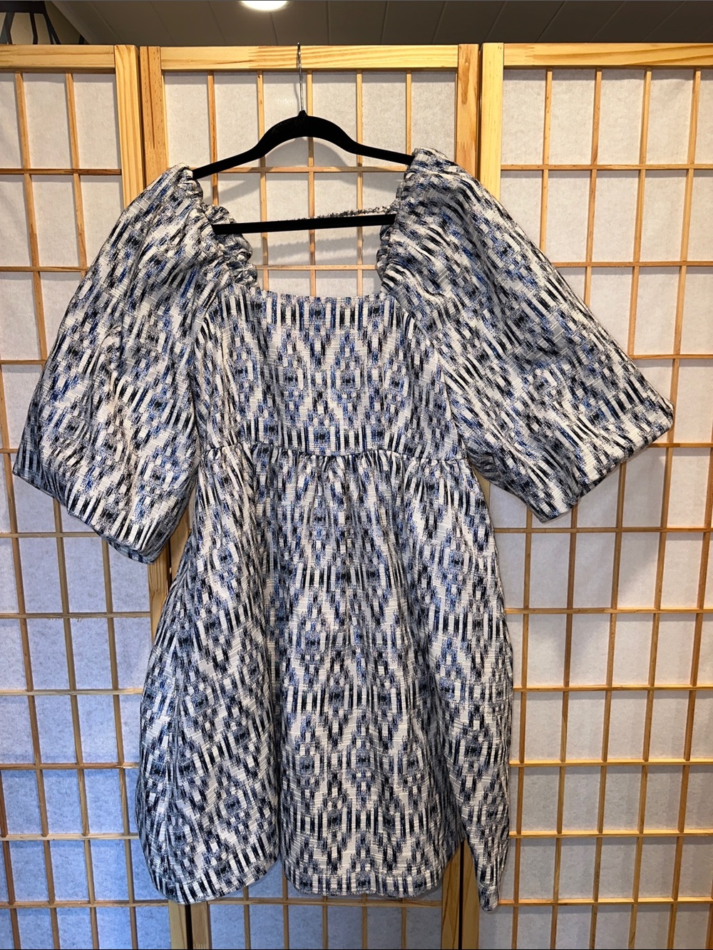 Blue and White Ikat Puff-Sleeve Midi Dress